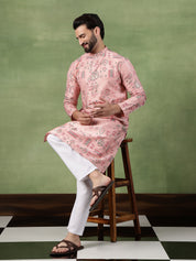 Men’s Cotton Traditional Foil Print Motifs Pink Kurta With Pyjama