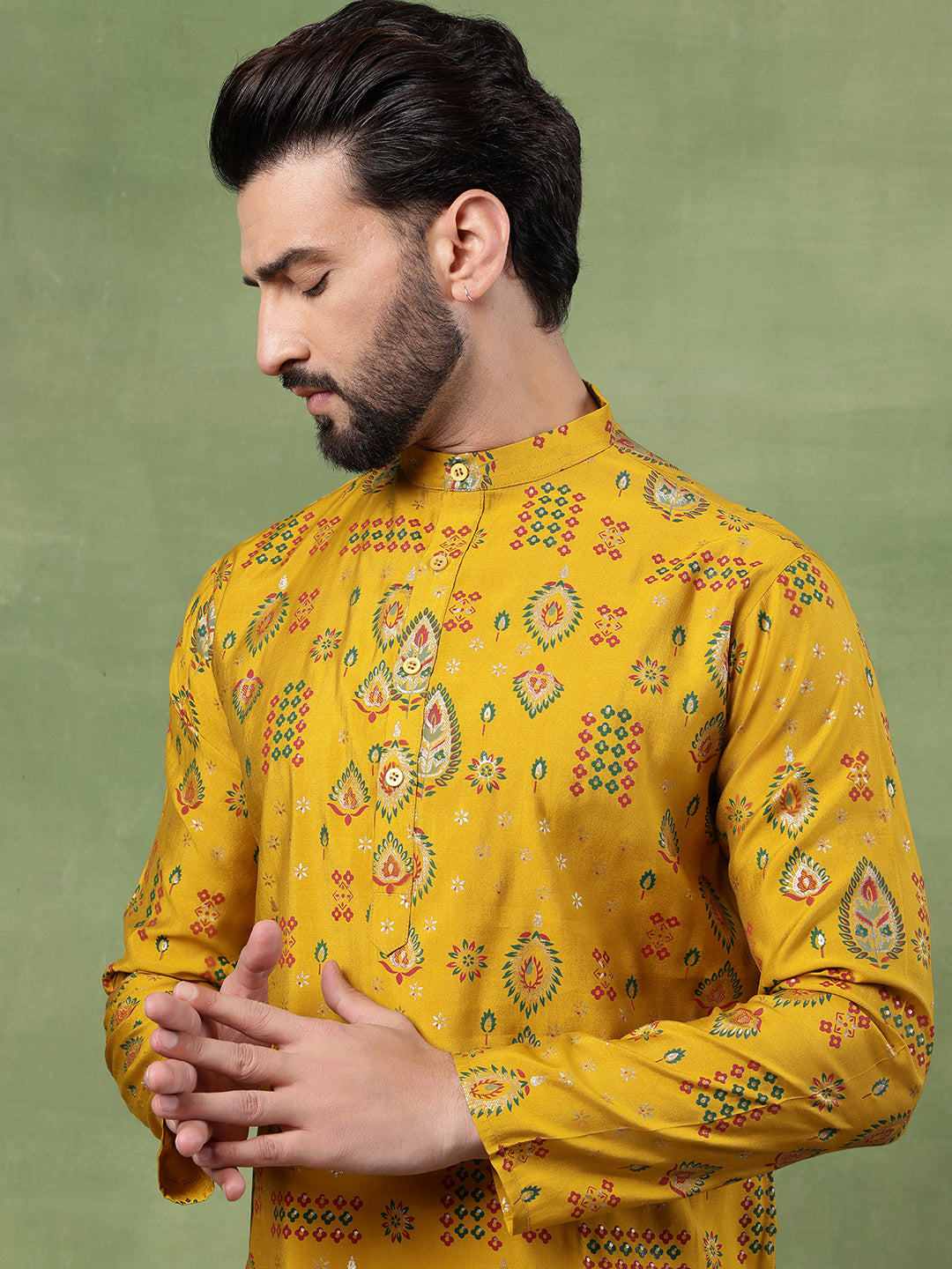 Men’s Cotton Mustard Kurta with Traditional Foil Print Motifs