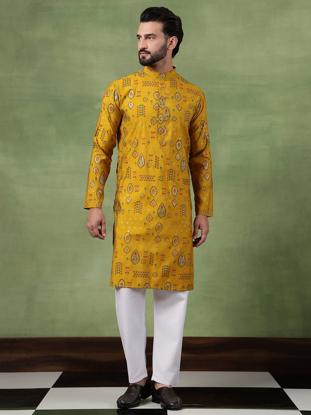 Men’s Cotton Mustard Kurta with Traditional Foil Print Motifs