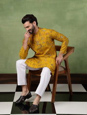 Traditional Foil Print Motifs Mustard Kurta With Pyjama