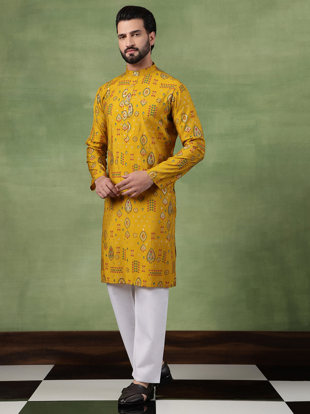 Traditional Foil Print Motifs Mustard Kurta With Pyjama