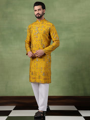 Traditional Foil Print Motifs Mustard Kurta With Pyjama