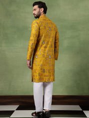 Traditional Foil Print Motifs Mustard Kurta With Pyjama