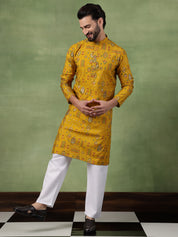 Traditional Foil Print Motifs Mustard Kurta With Pyjama