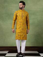 Traditional Foil Print Motifs Mustard Kurta With Pyjama