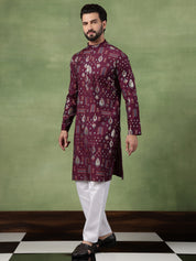 Men’s Cotton Wine Kurta with Traditional Foil Print Motifs