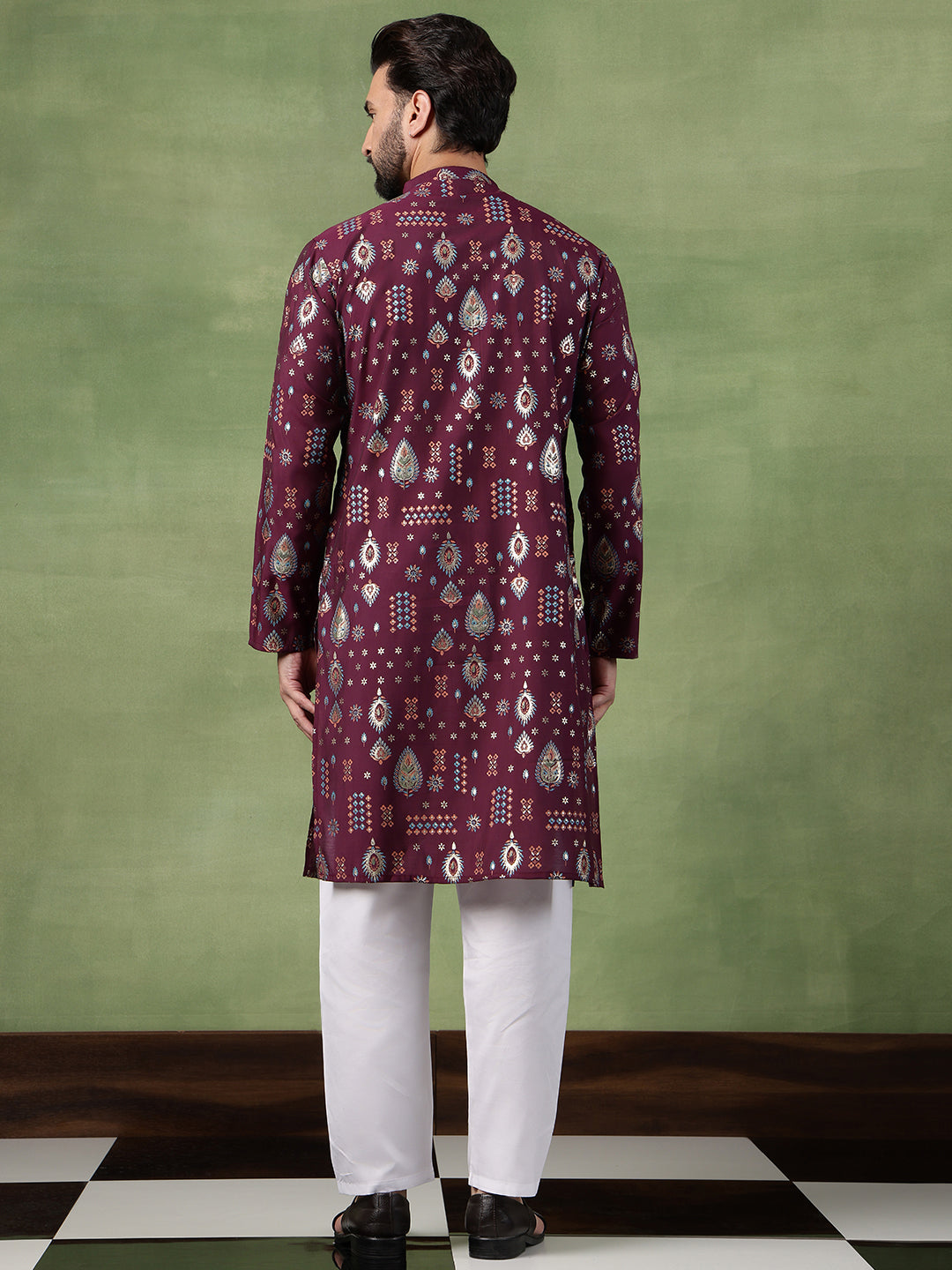 Men’s Cotton Wine Kurta with Traditional Foil Print Motifs