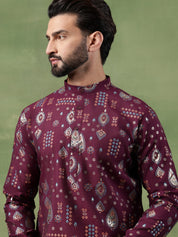 Men’s Cotton Wine Kurta with Traditional Foil Print Motifs