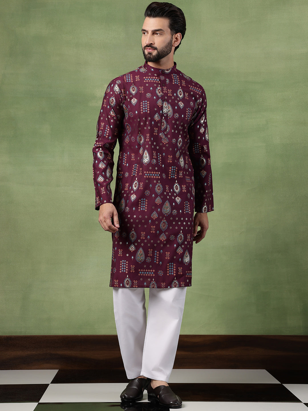 Men’s Cotton Wine Kurta with Traditional Foil Print Motifs