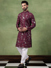 Men’s Cotton Wine Kurta with Traditional Foil Print Motifs
