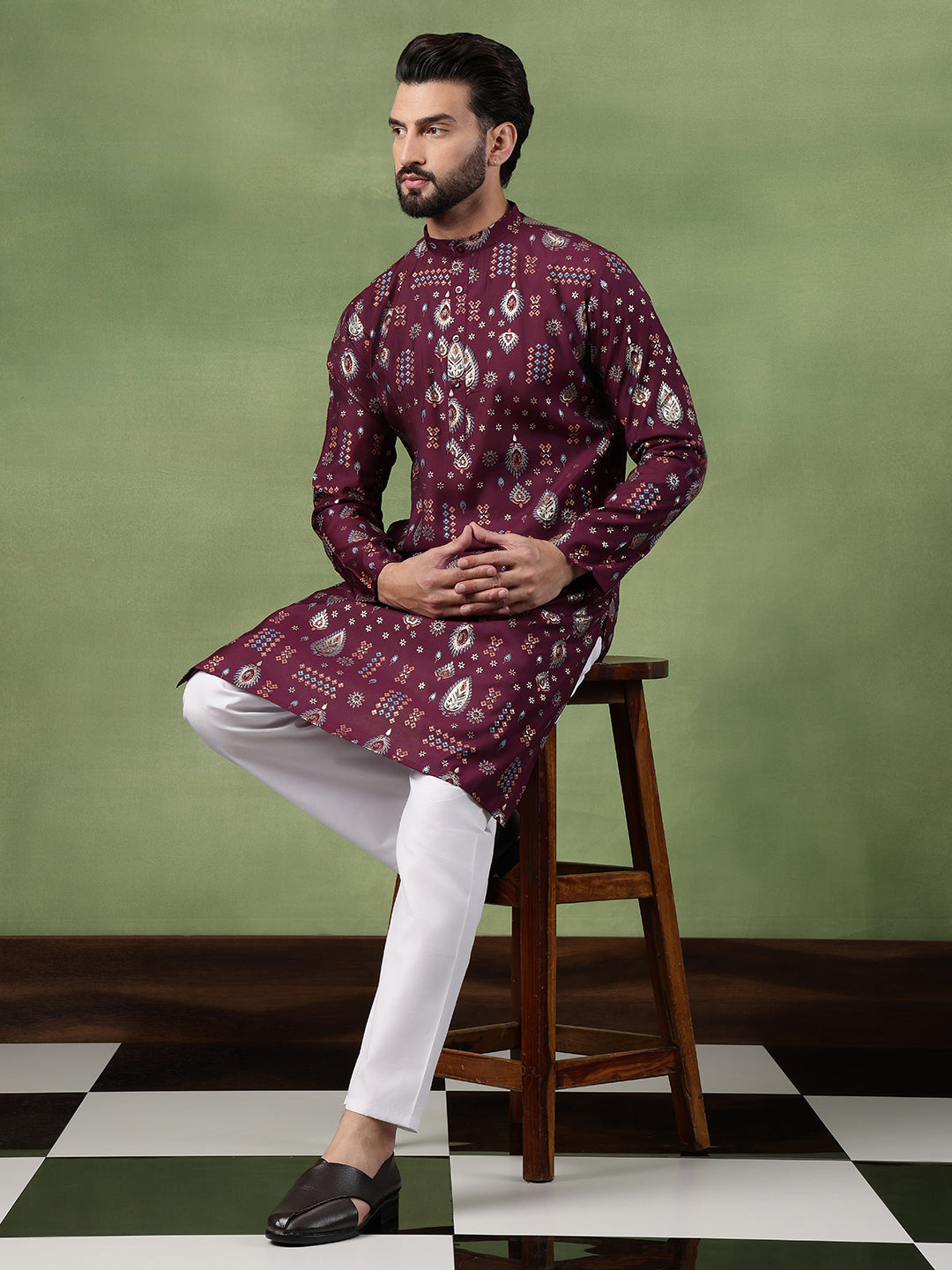 Men’s Cotton Traditional Foil Print Motifs Wine Kurta With Pyjama