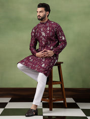Men’s Cotton Traditional Foil Print Motifs Wine Kurta With Pyjama