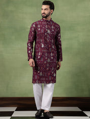 Men’s Cotton Traditional Foil Print Motifs Wine Kurta With Pyjama