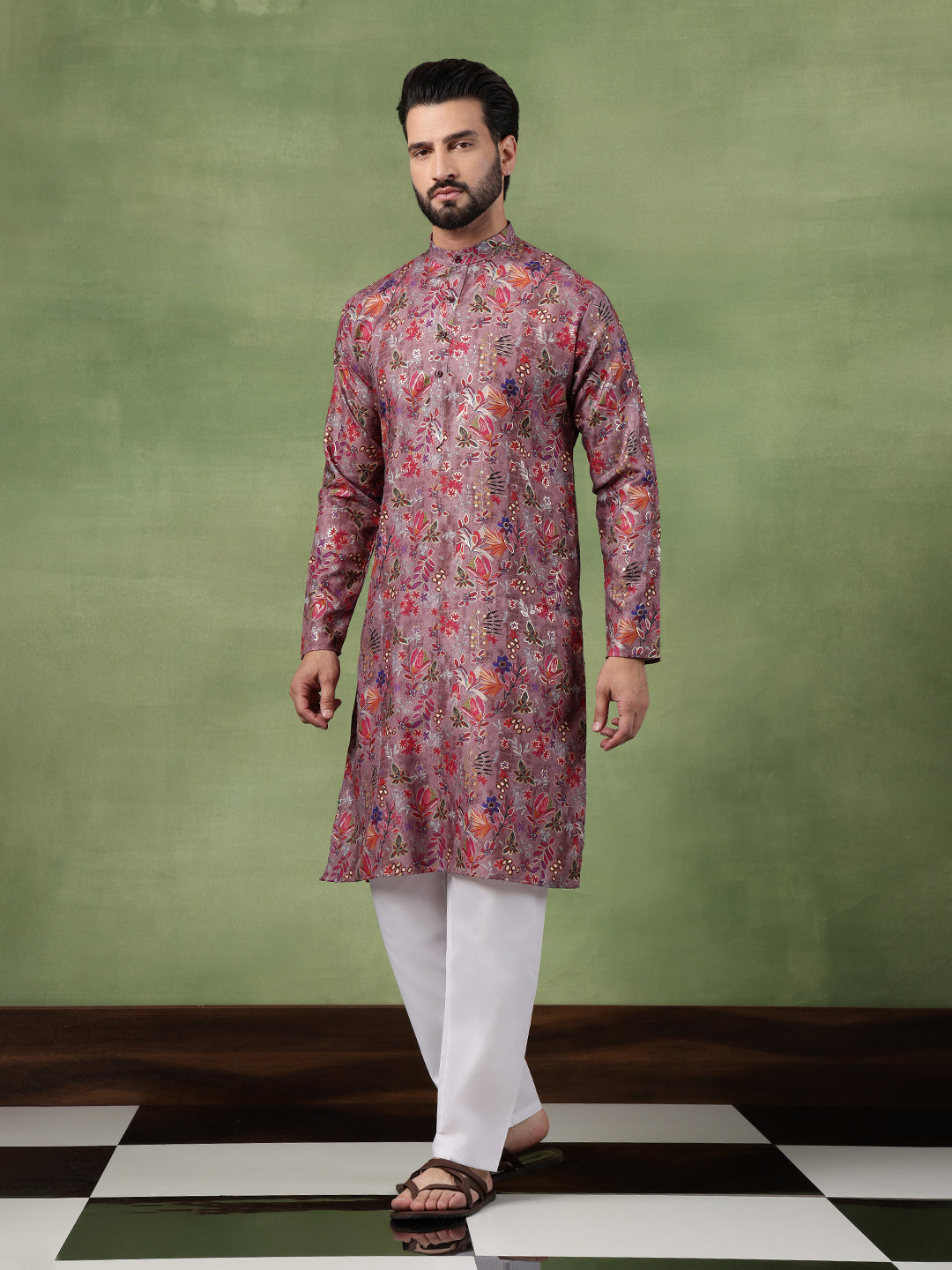 Men's Cotton Floral Print Purple Long Kurta