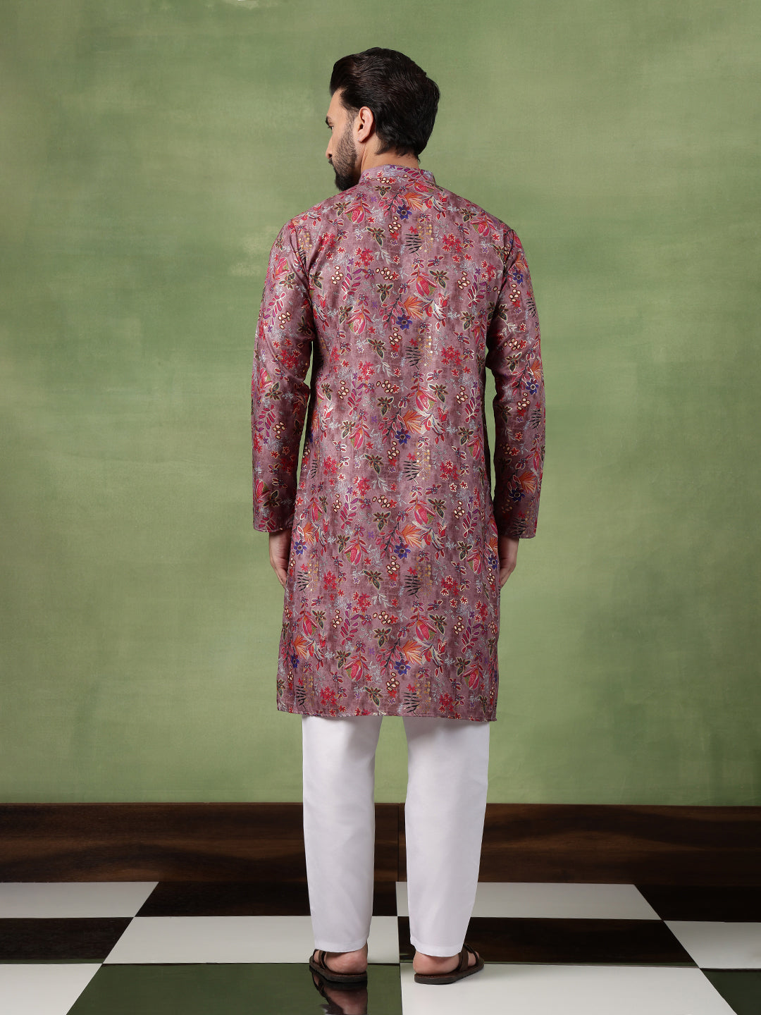 Men's Cotton Floral Print Purple Long Kurta