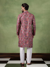 Men's Cotton Floral Print Purple Long Kurta