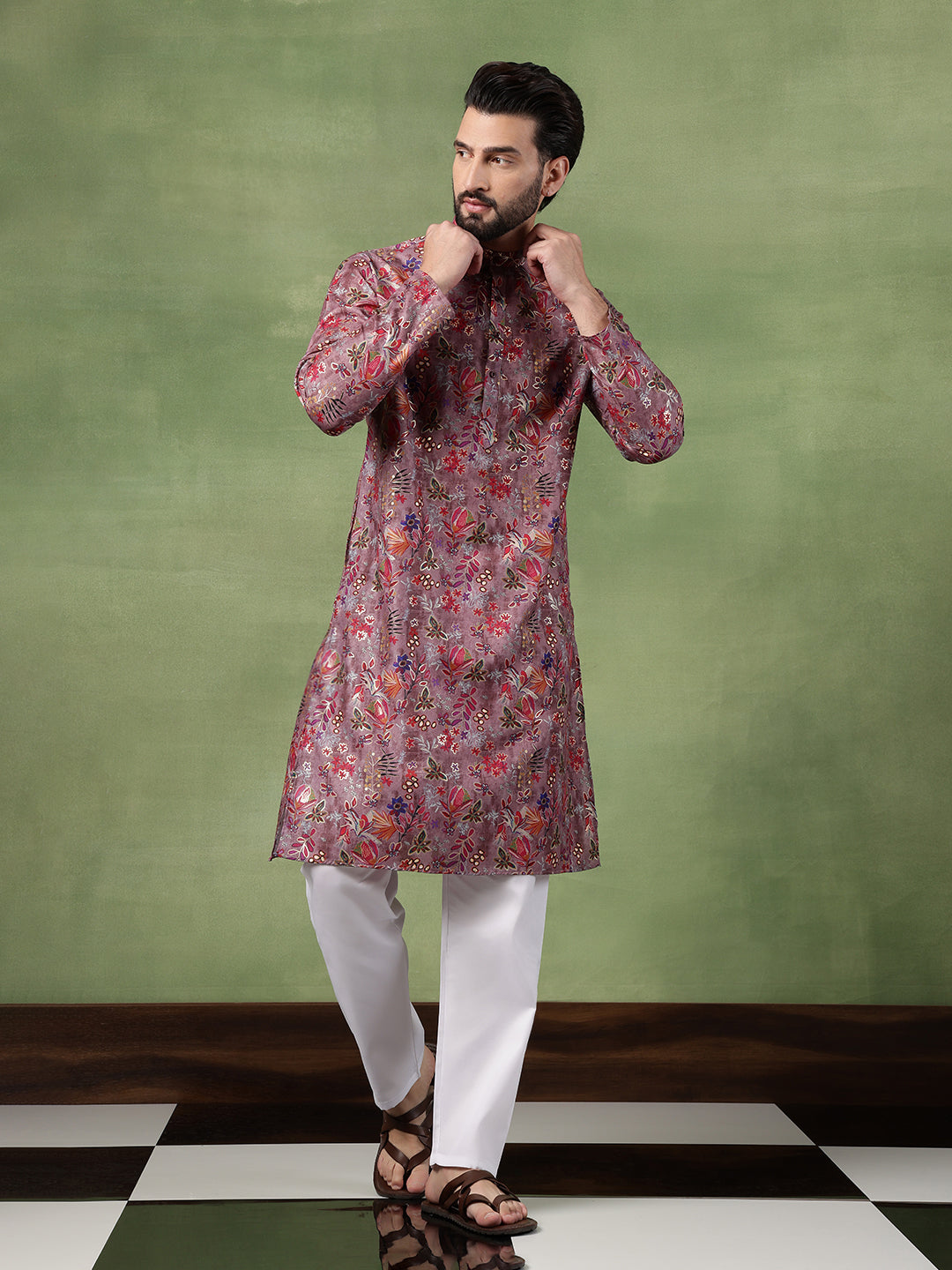 Men's Cotton Floral Print Purple Long Kurta