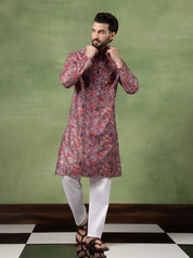 Men's Cotton Floral Print Purple Long Kurta