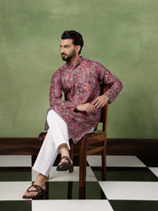 Men's Cotton Floral Print Purple Long Kurta