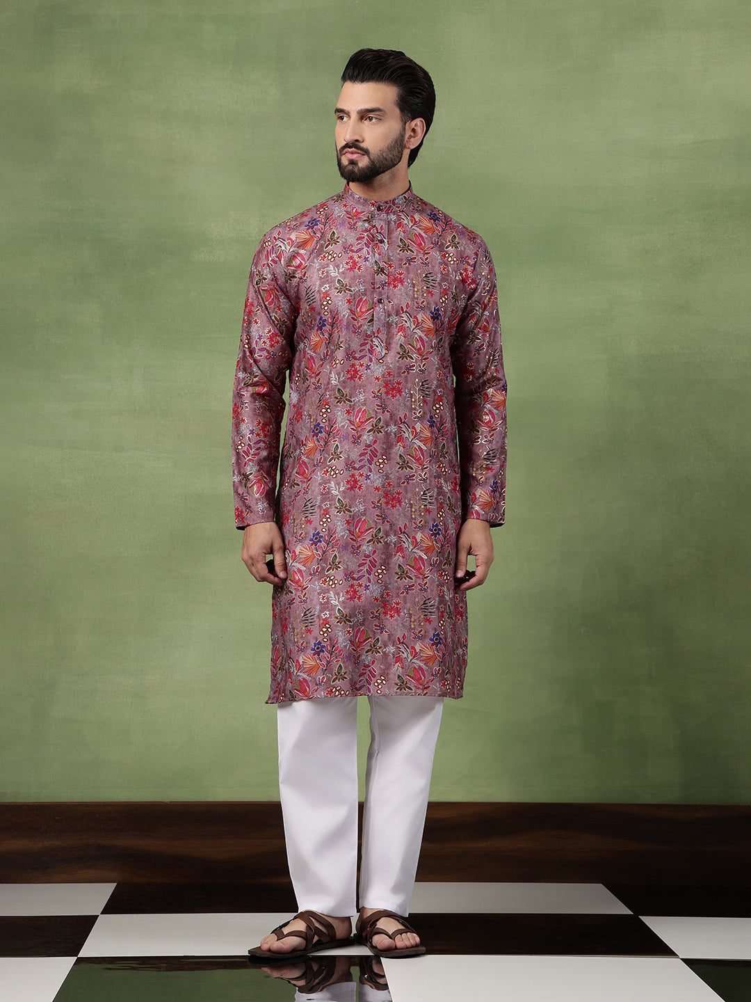 Men's Cotton Floral Print Purple Long Kurta