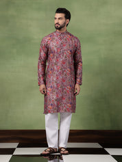Men's Cotton Floral Print Purple Long Kurta