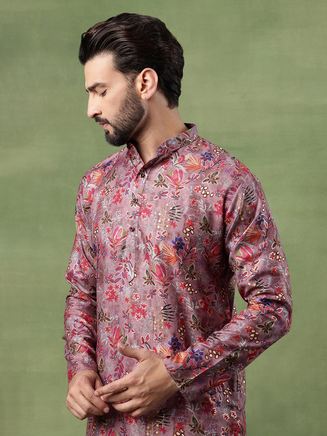 Men's Cotton Floral Print Purple Kurta With White Pyjama