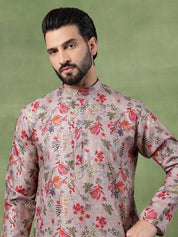 Men's Cotton Floral Print Grey Long Kurta