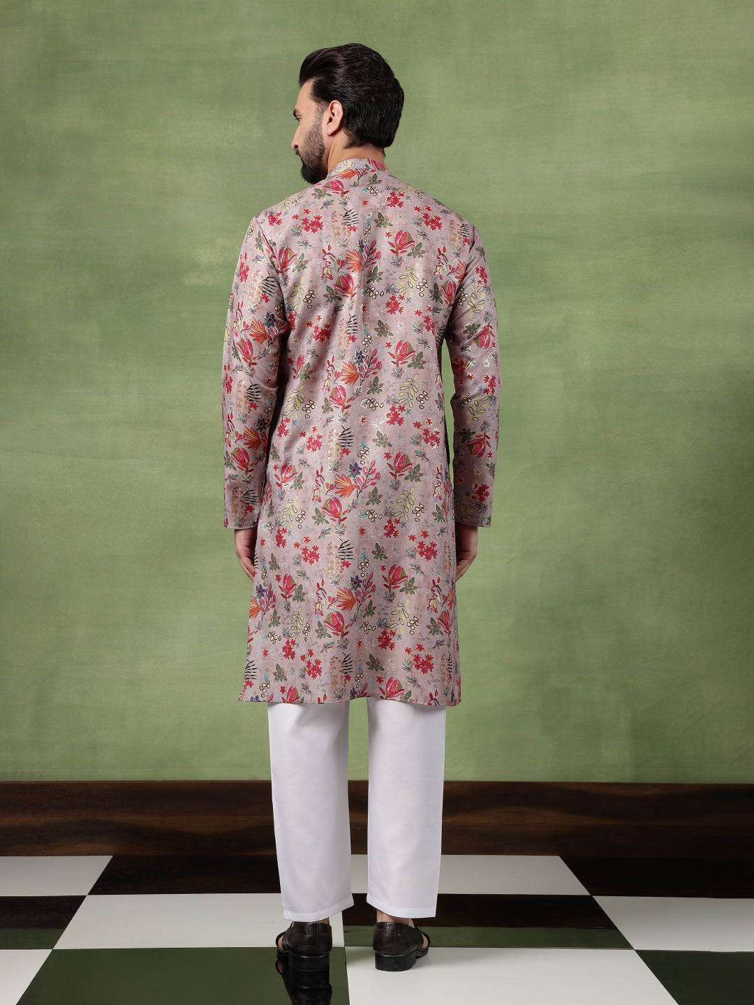 Men's Cotton Floral Print Grey Long Kurta