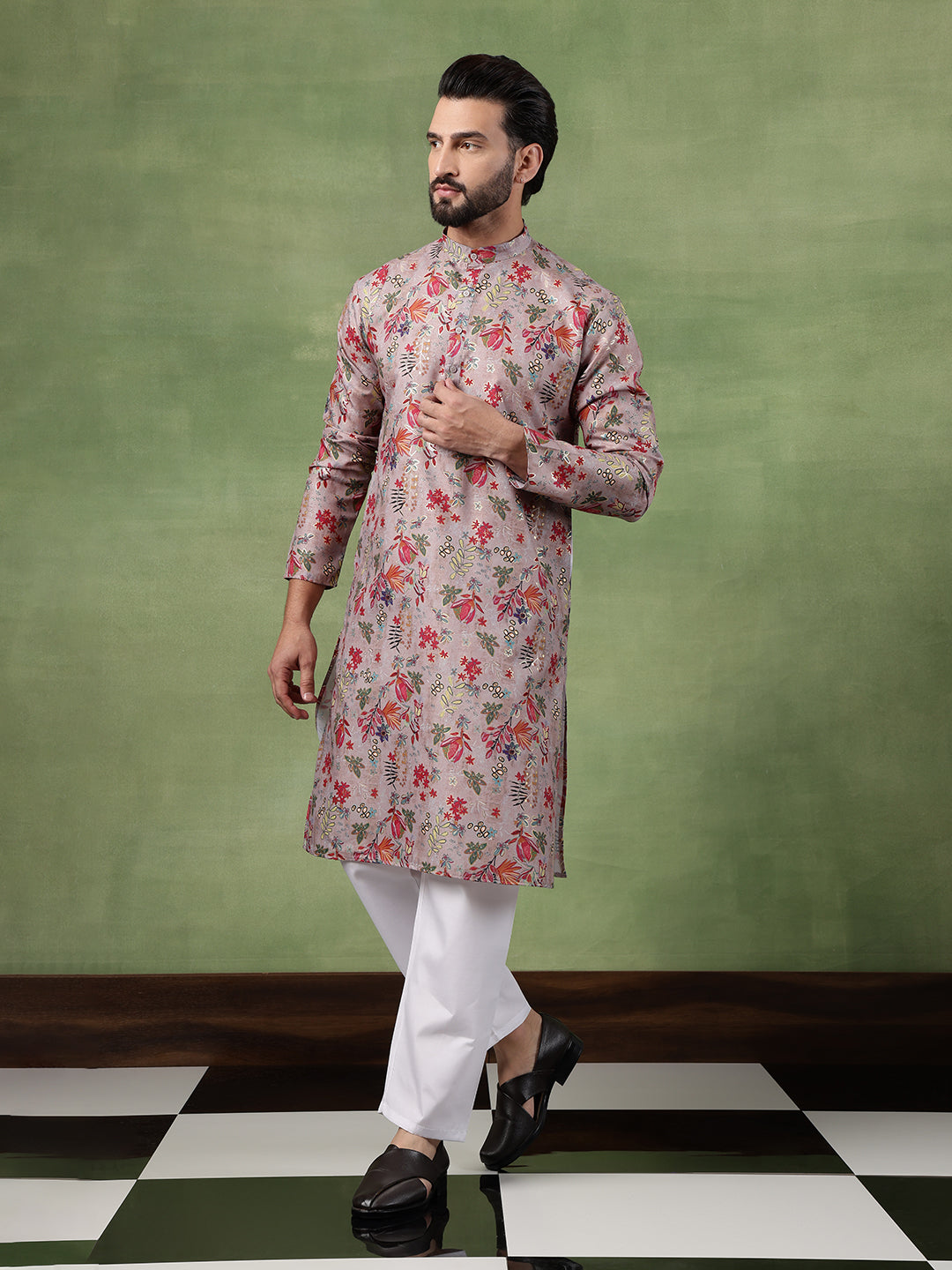 Men's Cotton Floral Print Grey Long Kurta
