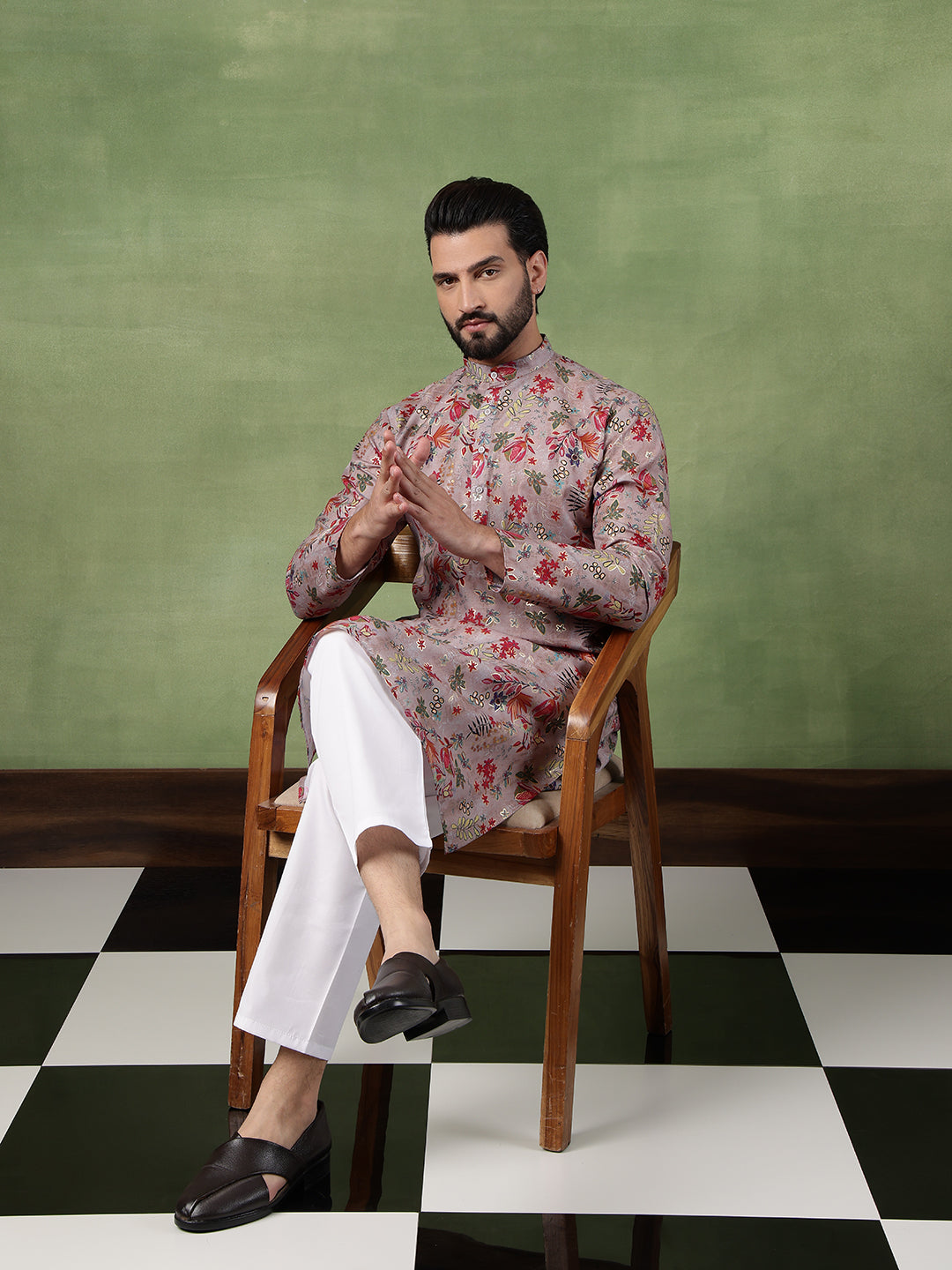 Men's Cotton Floral Print Grey Long Kurta