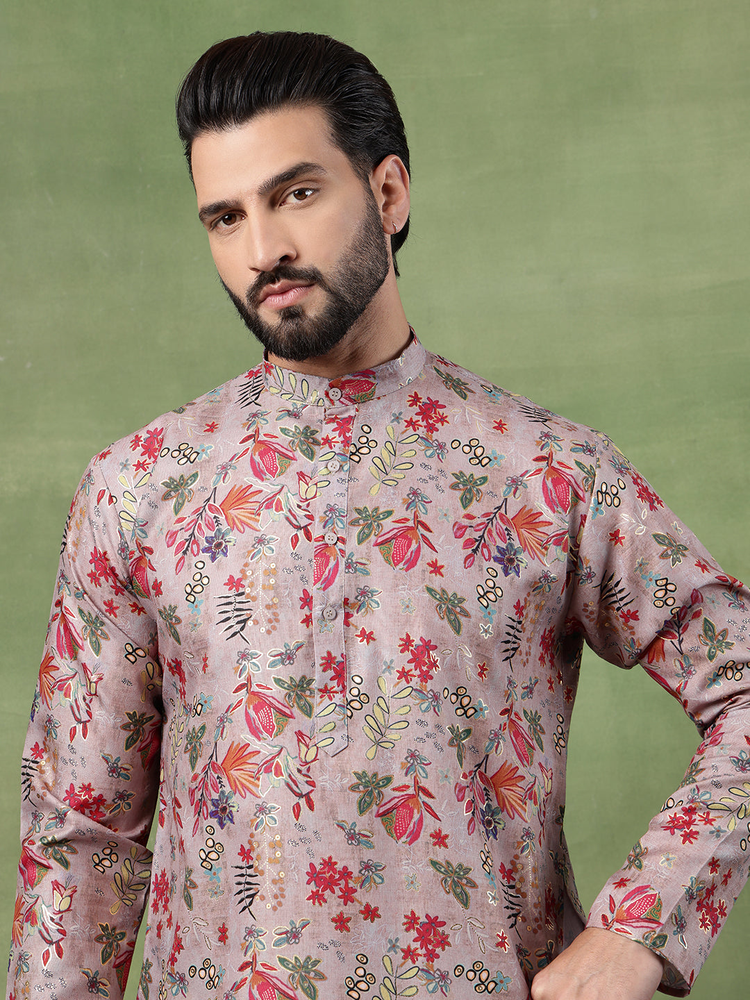 Men's Cotton Floral Print Grey Kurta With White Pyjama