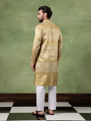 Men's Silk Banarasi Design Mehndi Long Kurta