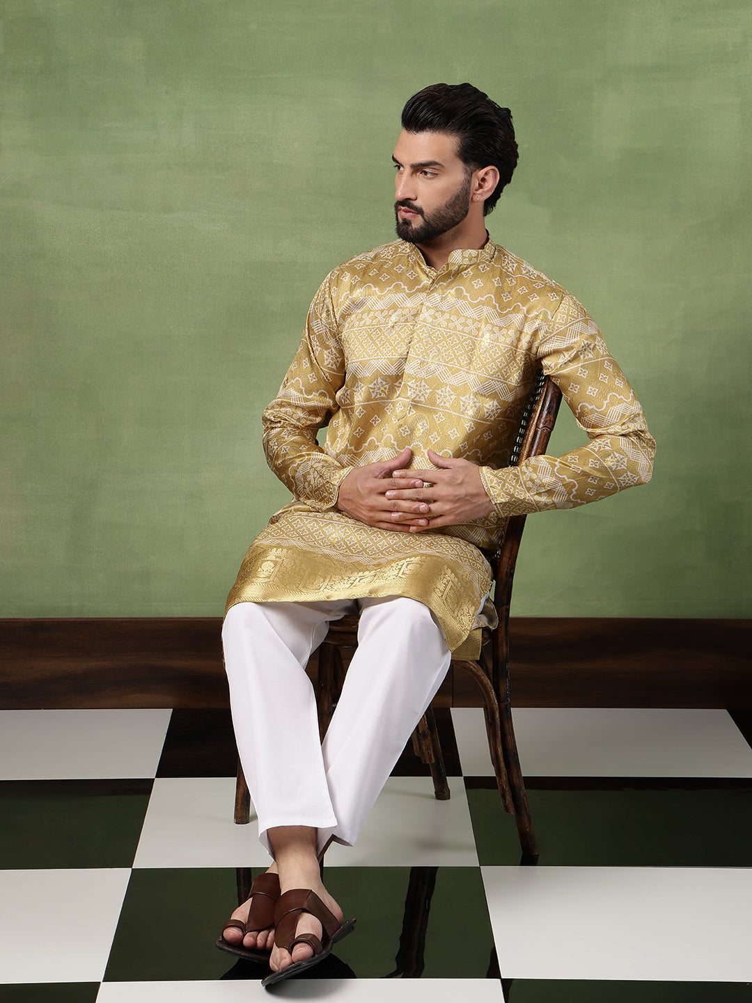 Men's Silk Banarasi Design Mehndi Kurta With White Pyjama