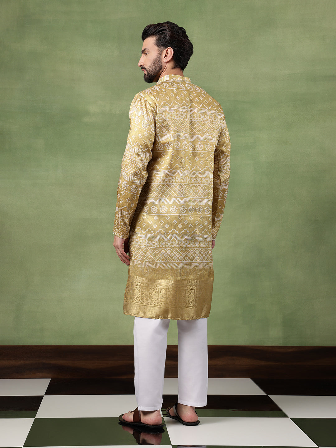 Men's Silk Banarasi Design Mehndi Kurta With White Pyjama