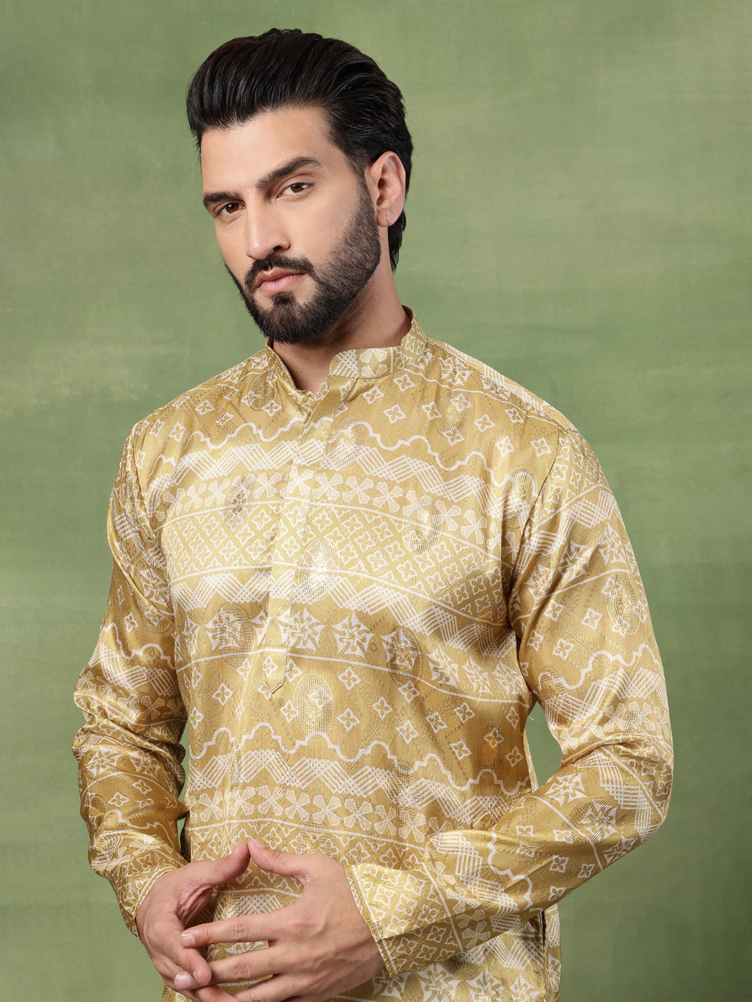 Men's Silk Banarasi Design Mehndi Kurta With White Pyjama
