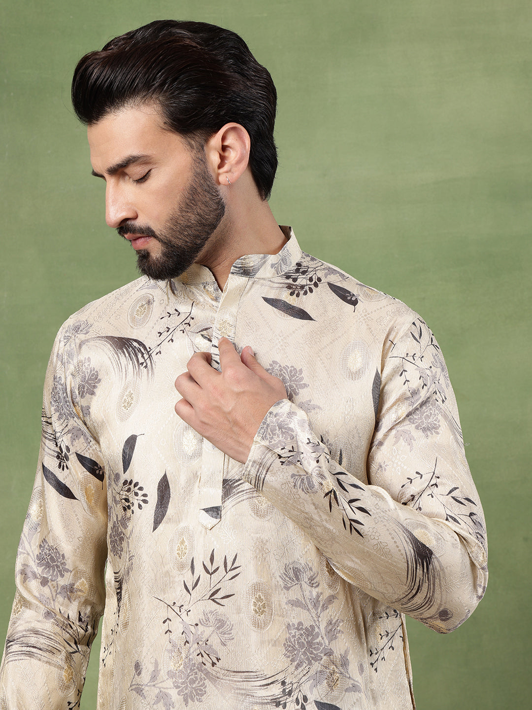Men's Silk Banarasi Design Beige Long Kurta