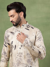 Men's Silk Banarasi Design Beige Long Kurta