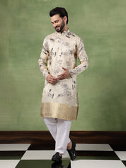 Men's Silk Banarasi Design Beige Long Kurta