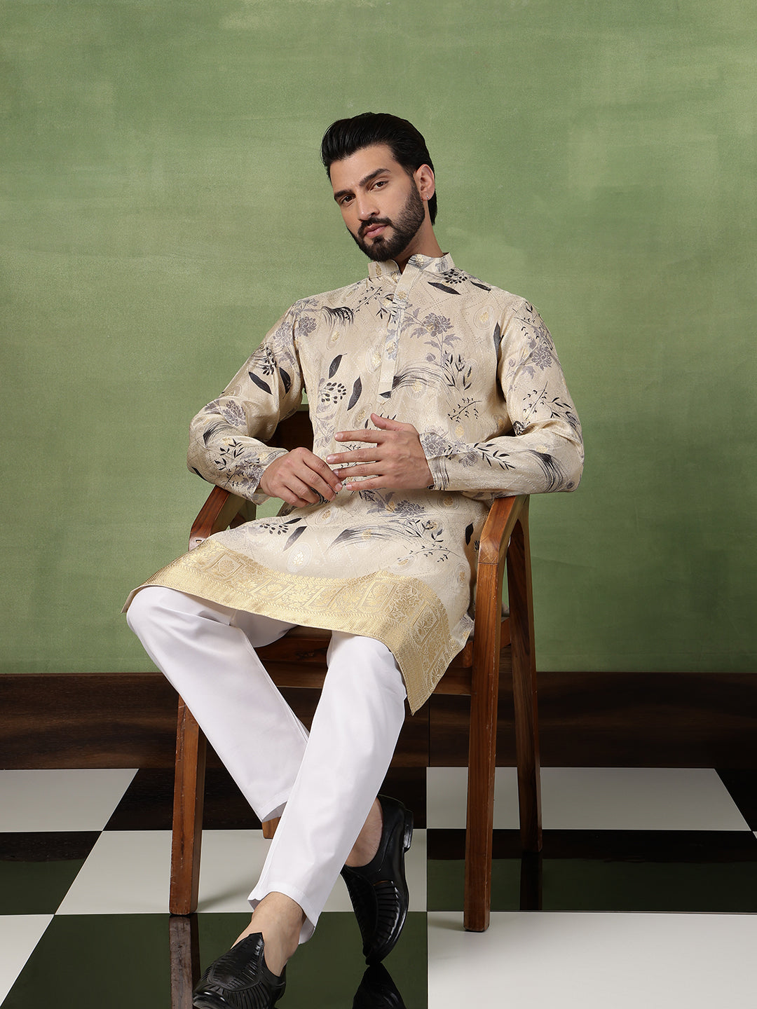 Men's Silk Banarasi Design Beige Long Kurta