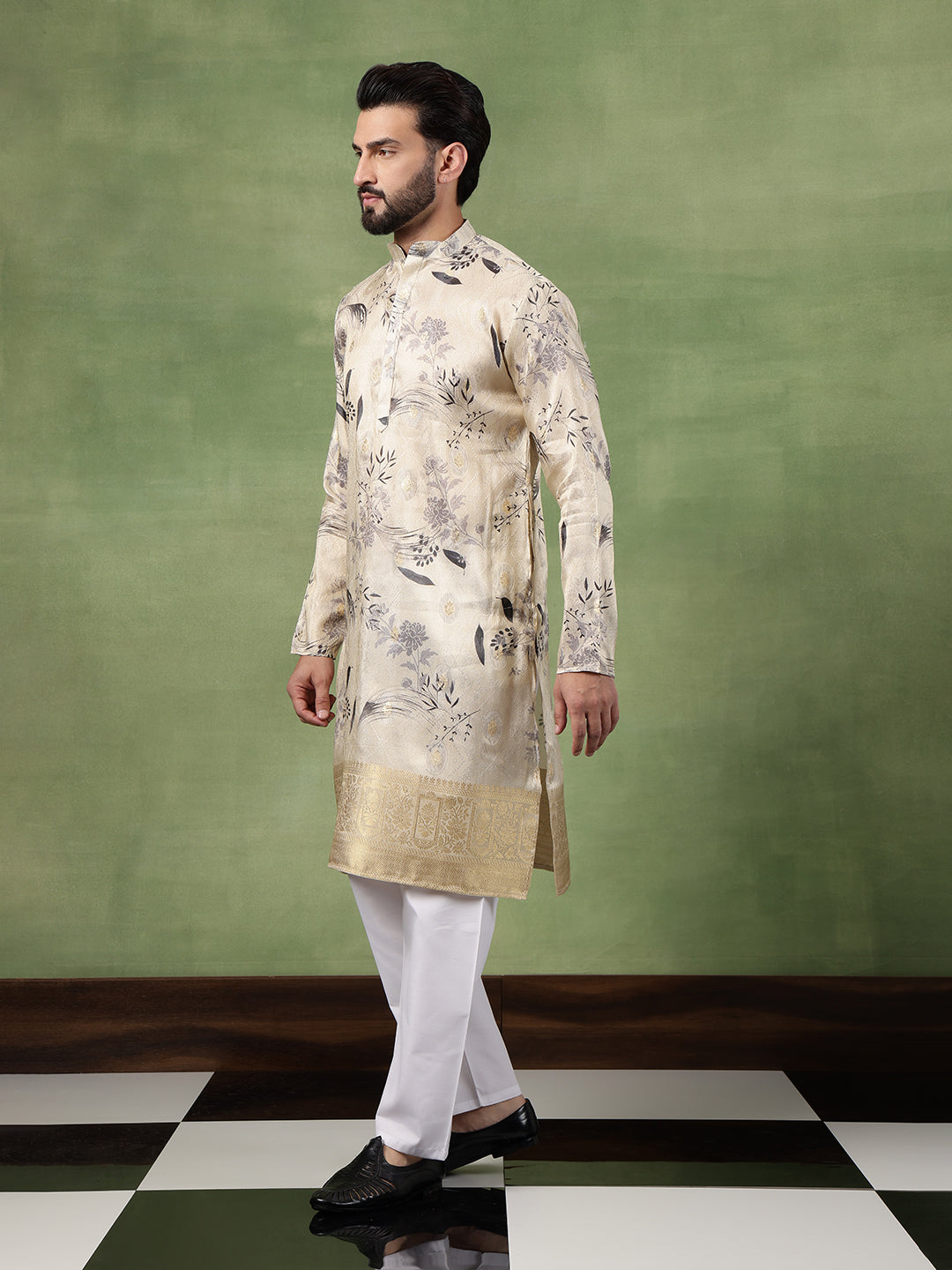 Men's Silk Banarasi Design Beige Kurta With White Pyjama