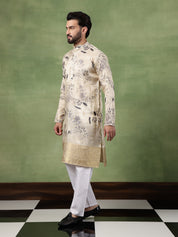 Men's Silk Banarasi Design Beige Kurta With White Pyjama