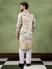 Men's Silk Banarasi Design Beige Kurta With White Pyjama