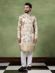Men's Silk Banarasi Design Beige Kurta With White Pyjama