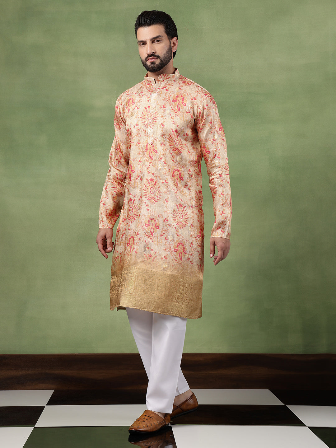 Men's Silk Banarasi Design Multicolor Long Kurta