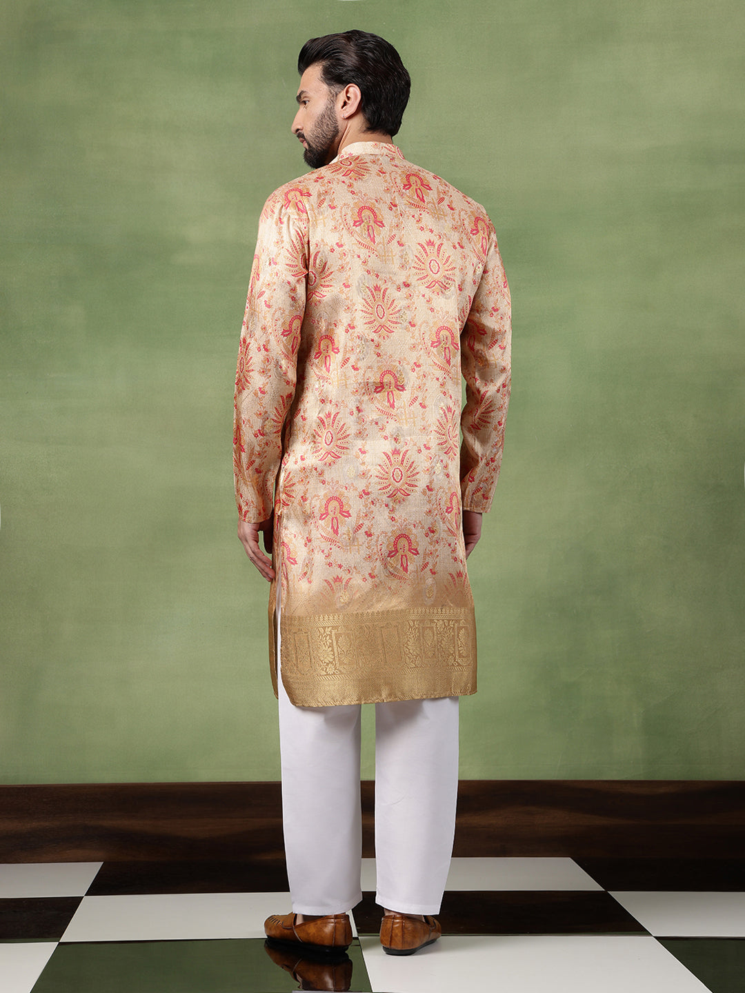 Men's Silk Banarasi Design Multicolor Long Kurta