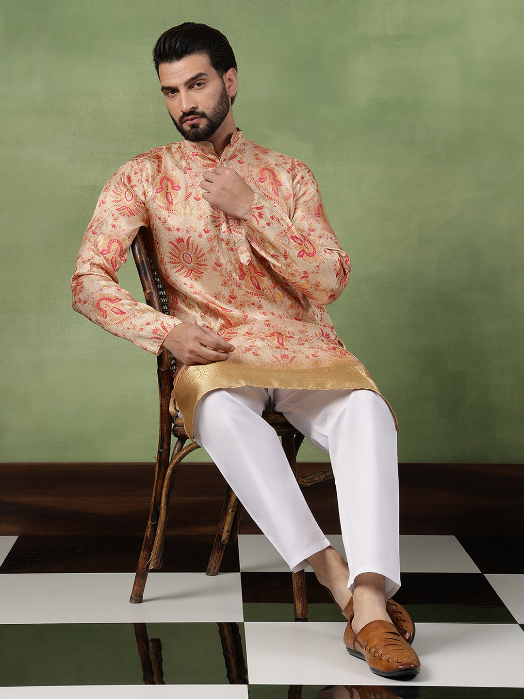 Men's Silk Banarasi Design Multicolor Long Kurta