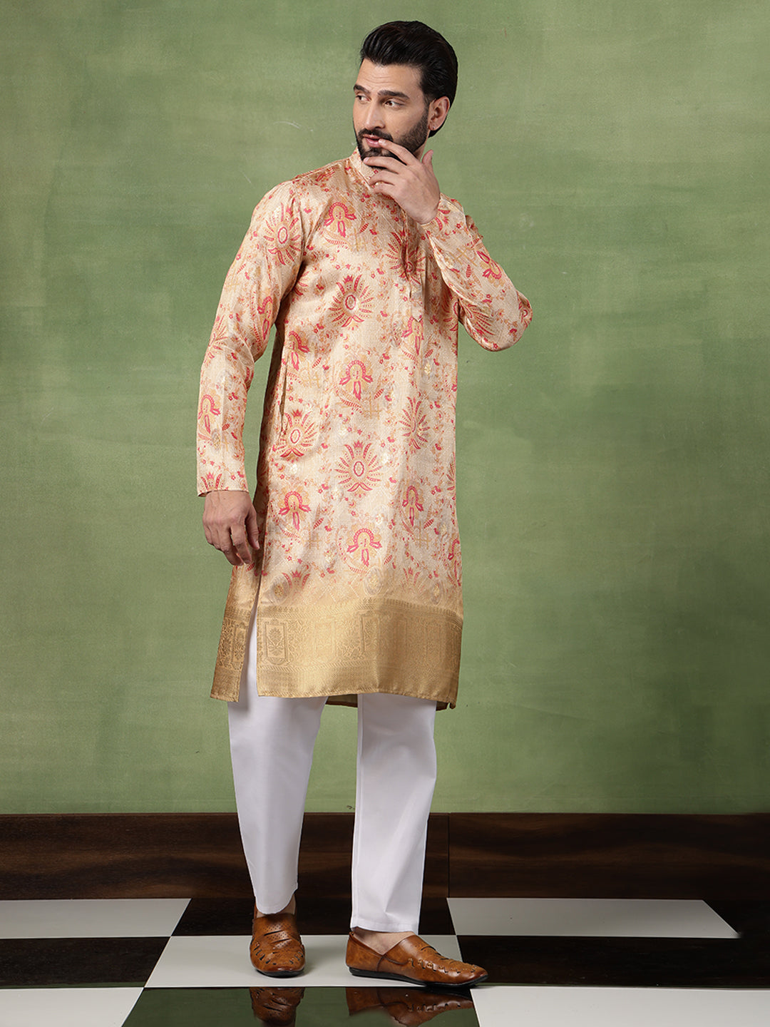 Men's Silk Banarasi Design Multicolor Kurta With White Pyjama