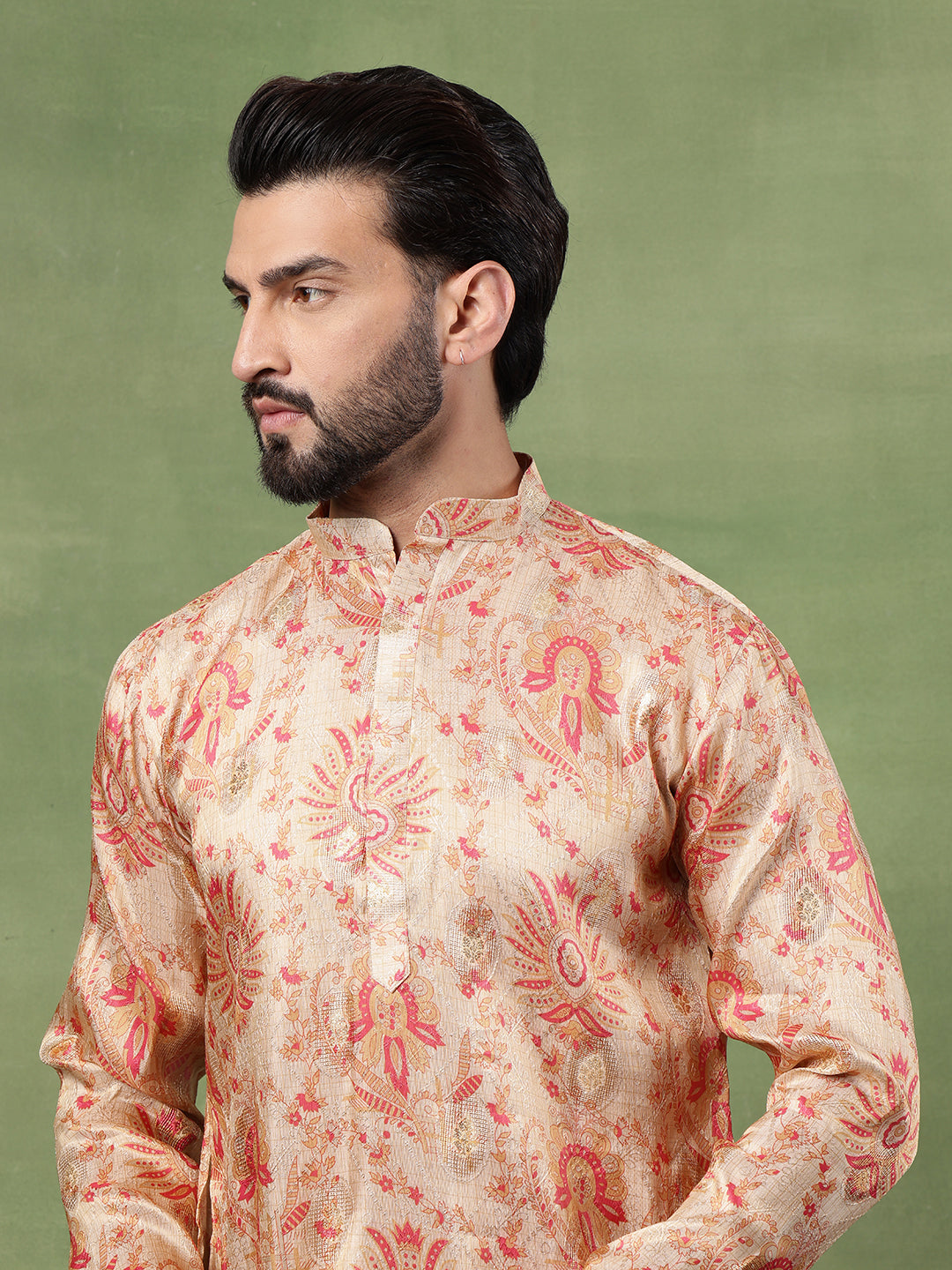 Men's Silk Banarasi Design Multicolor Kurta With White Pyjama