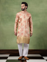 Men's Silk Banarasi Design Multicolor Kurta With White Pyjama