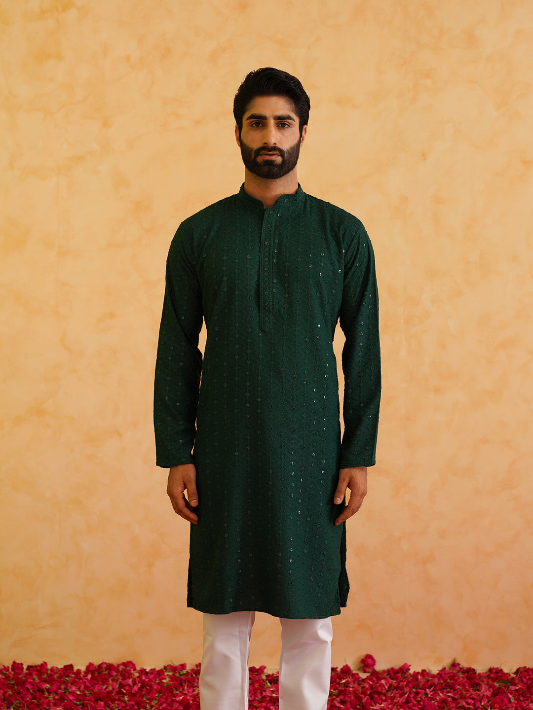 Men's Ethnic Motifs Embroidered Sequinned Cotton Green Kurta